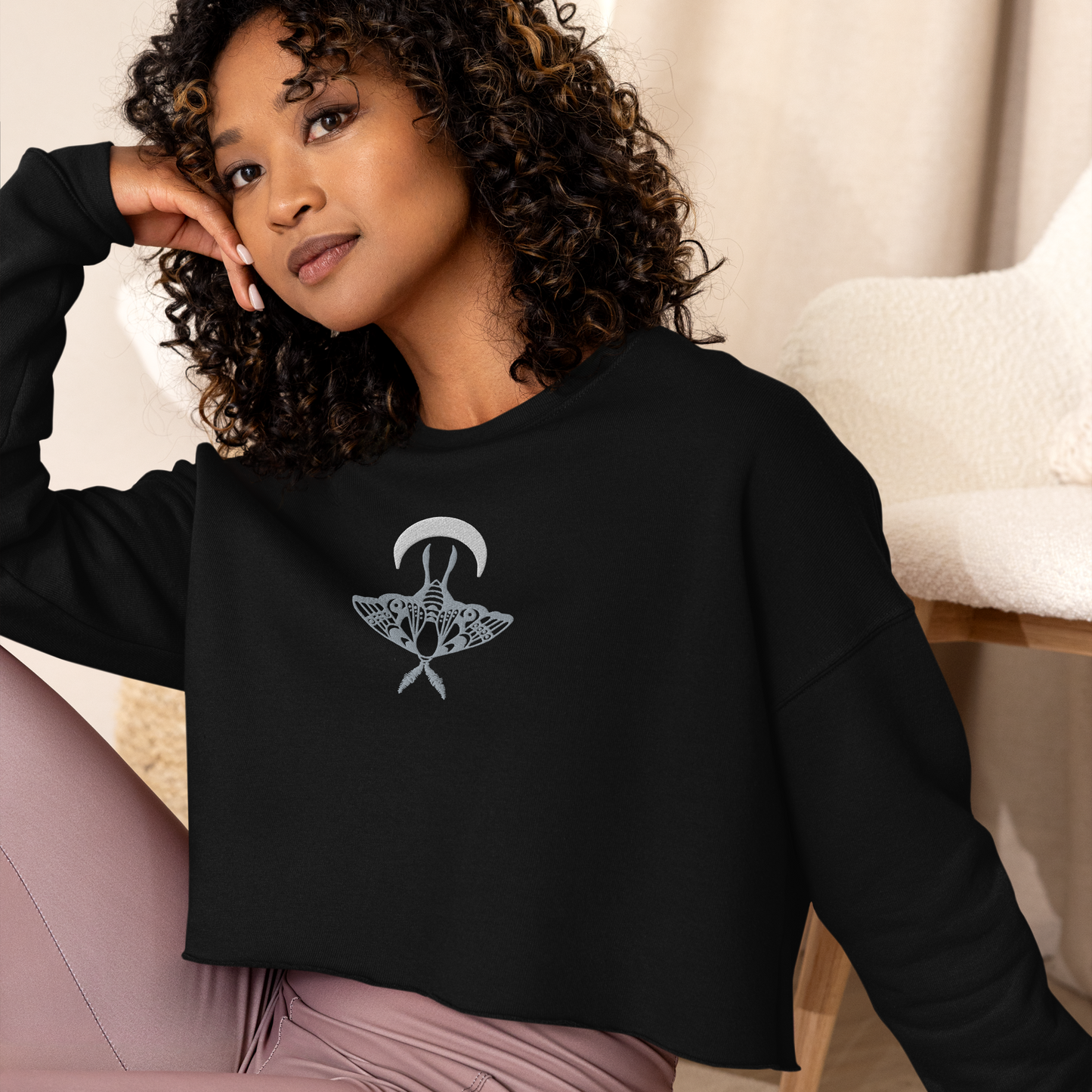 Moon Moth Embroidered Crop Sweater