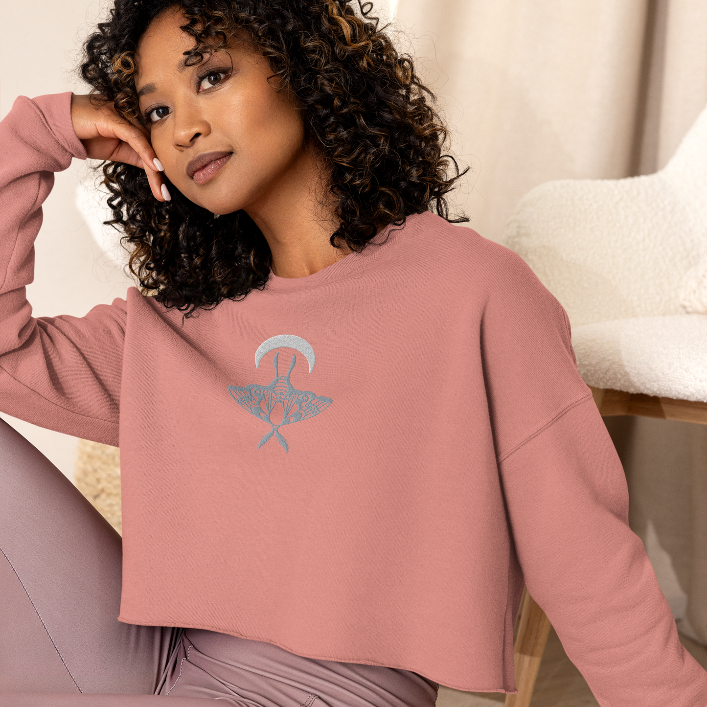 Moon Moth Embroidered Crop Sweater